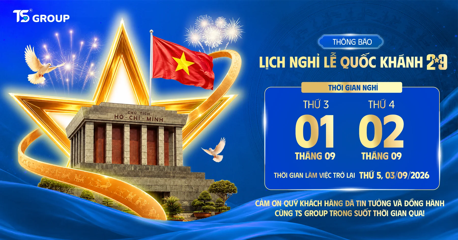 TS Group Thông Báo Lịch Nghỉ Lễ Quốc Khánh 2 tháng 9 Năm 2026
